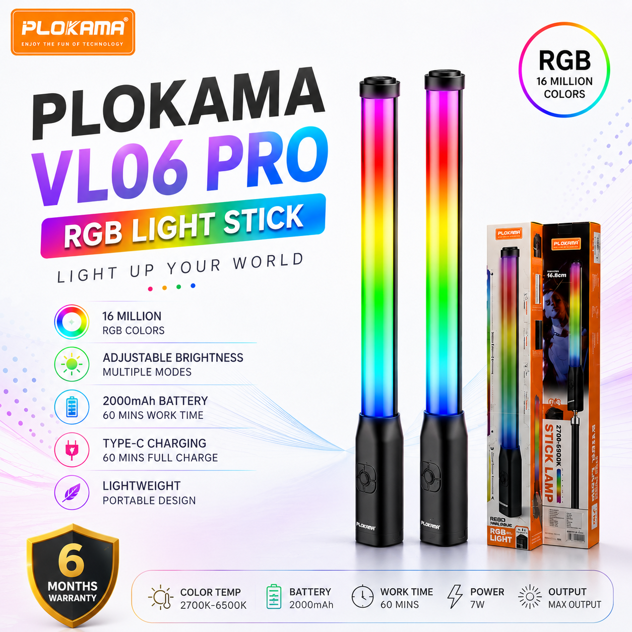 Plokama VL‑06 Pro Handheld RGB LED Light